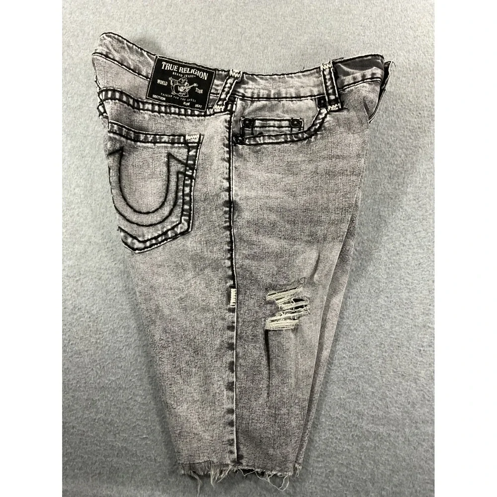 True Religion Ricky Relaxed Straight Gray Acid Wash Denim Cut Off Mens 34 1128